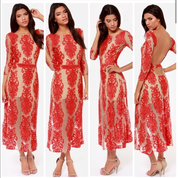 For Love & Lemons Red San Marco Lace Midi Dress S - Picture 5 of 16